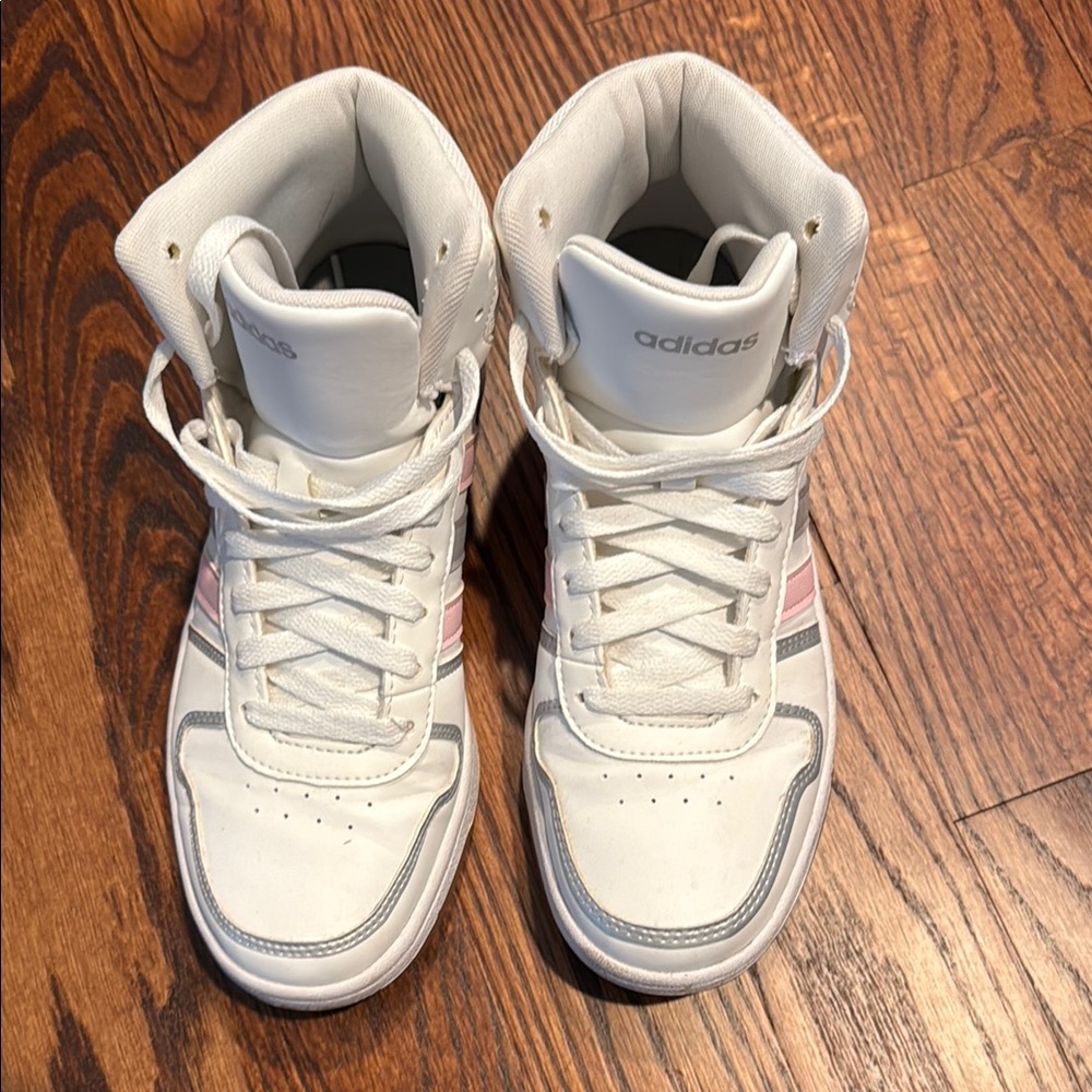 Adidas White Sneakers with Pink Stripes